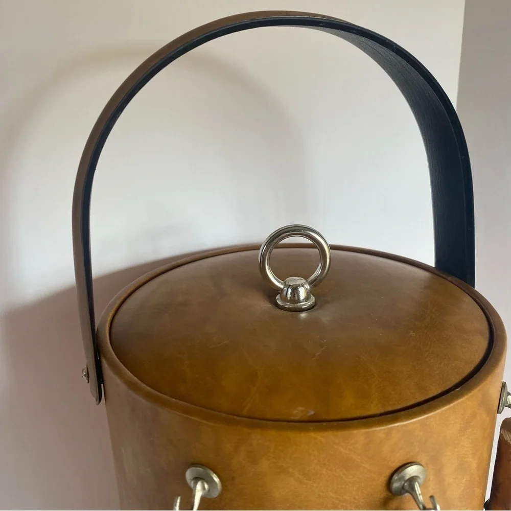 Vintage Ice Bucket Leather look with Real Bamboo Handle Utensils